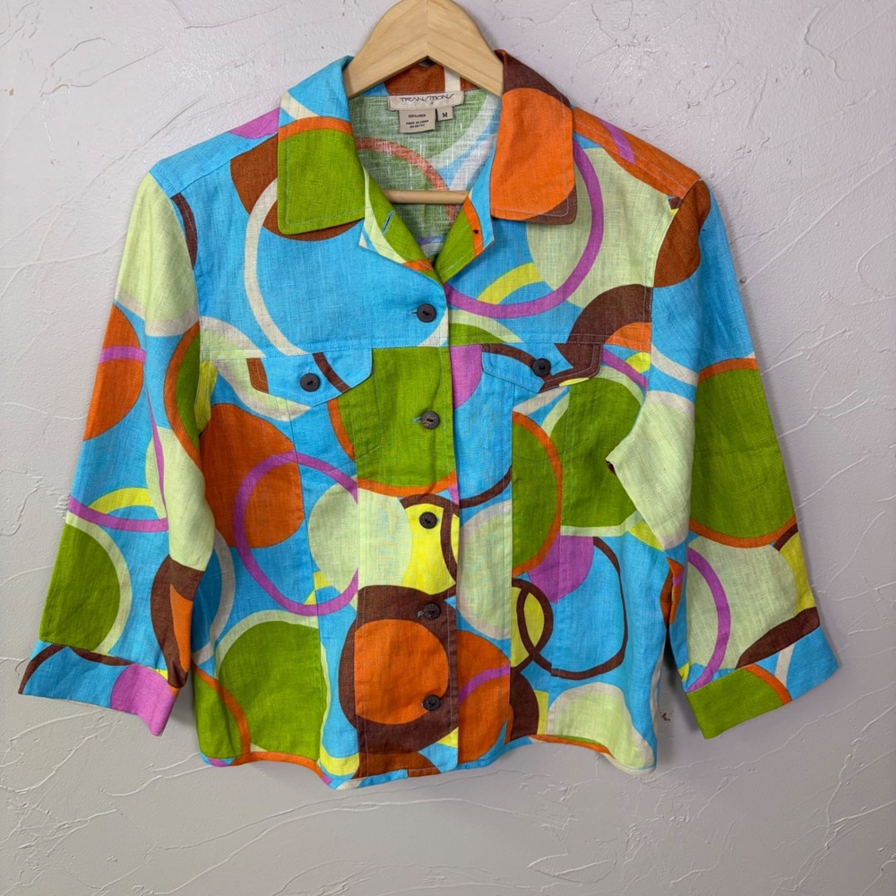 Vintage Transitions Linen Button Up Jacket Women M Abstract Print Mod‎ Colorful